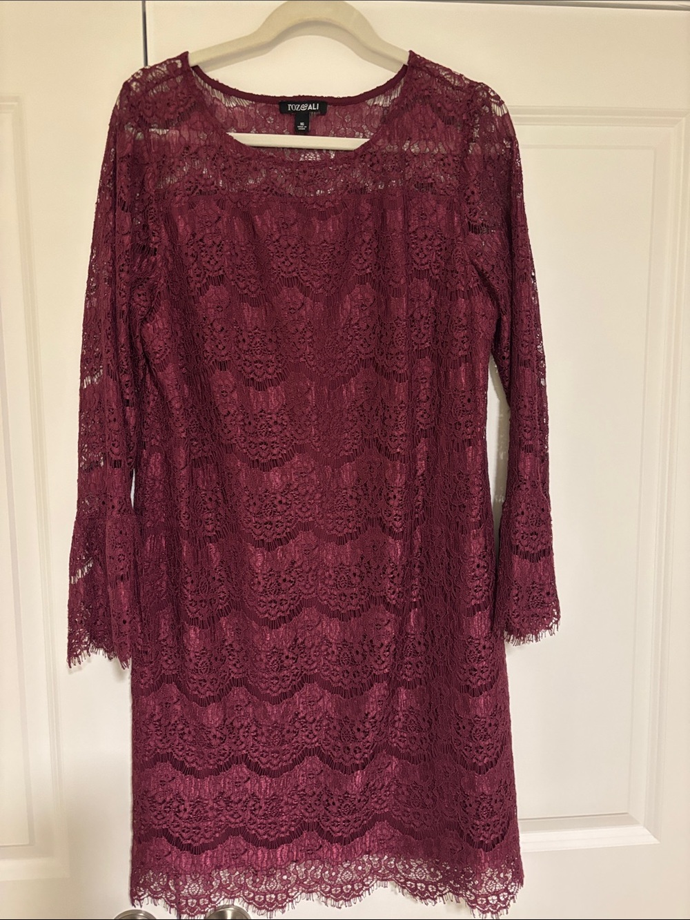 Roz & Ali Burgundy Lace Long Sleeve Shift Dress